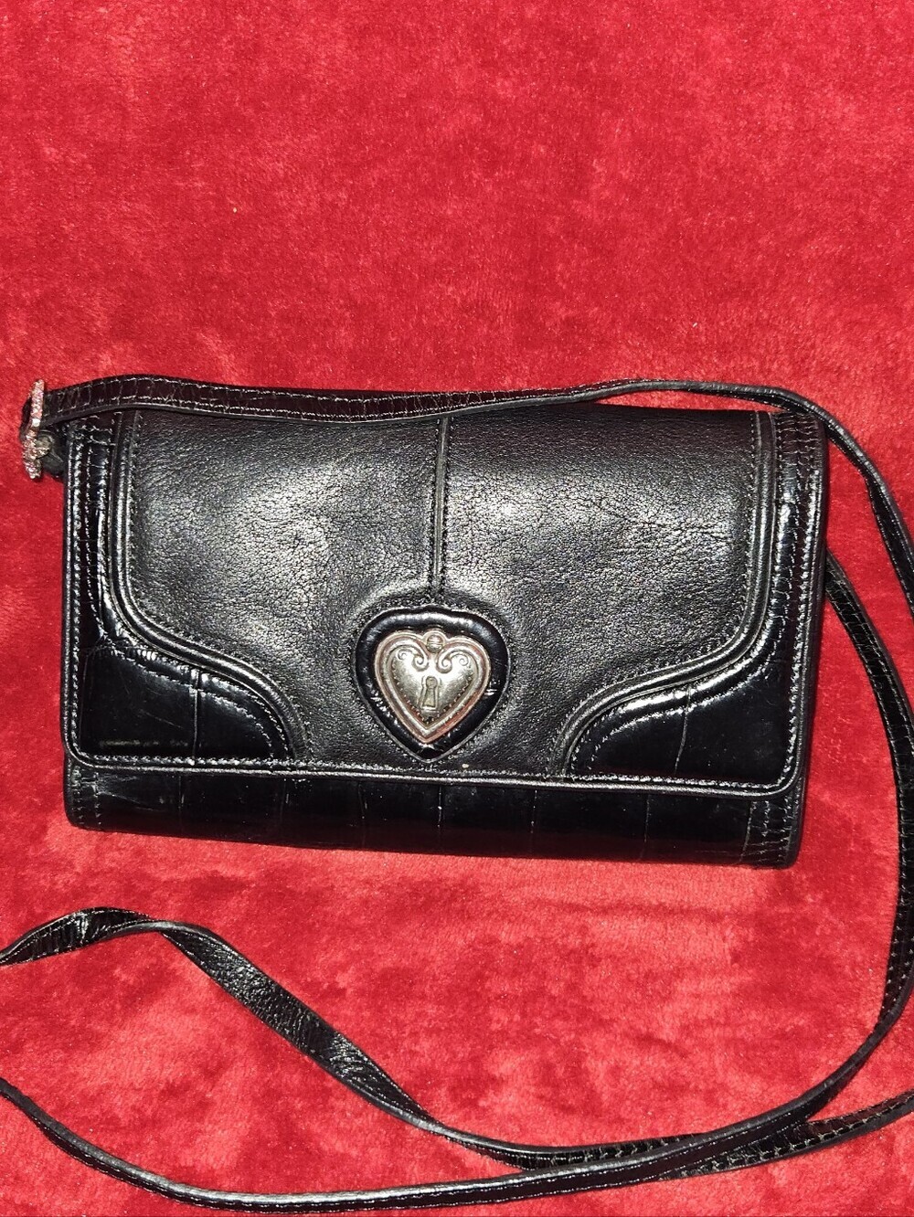 Brighton Black Leather Crossbody Wallet with Silver Heart Emblem